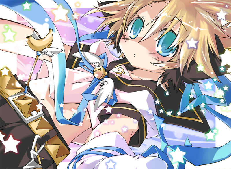 1boy, androgynous, animal_ears, banana, bell, belt, blonde_hair, blue_eyes