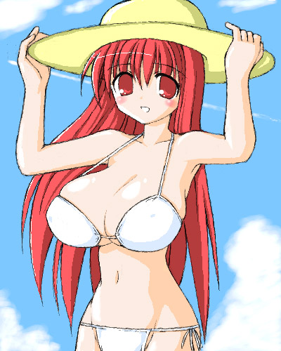 1girl, bikini, breasts, hat, huge_breasts, large_breasts, long_hair, lowres