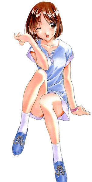 1girl, 90s, brown_eyes, brown_hair, casual, kai_tomohisa, legs, one_eye_closed