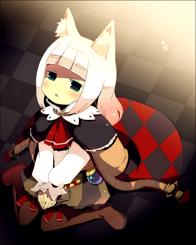 7th_dragon, animal_ears, blue_eyes, blush, kl, kneeling, long_hair, mage_(7th_dragon), the_seventh_dragon, white_hair
