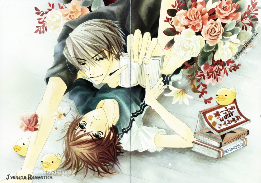2boys, book, comic, crease, gradient, gradient_background, junjou_romantica, male_focus