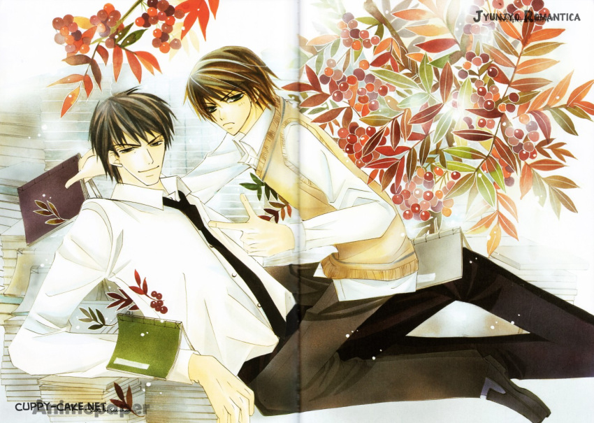 2boys, flower, junjou_romantica, junjou_terrorist, male_focus, miyagi_you, multiple_boys, nakamura_shungiku, scan, scan_artifacts, takatsuki_shinobu, watermark, yaoi, you_miyagi