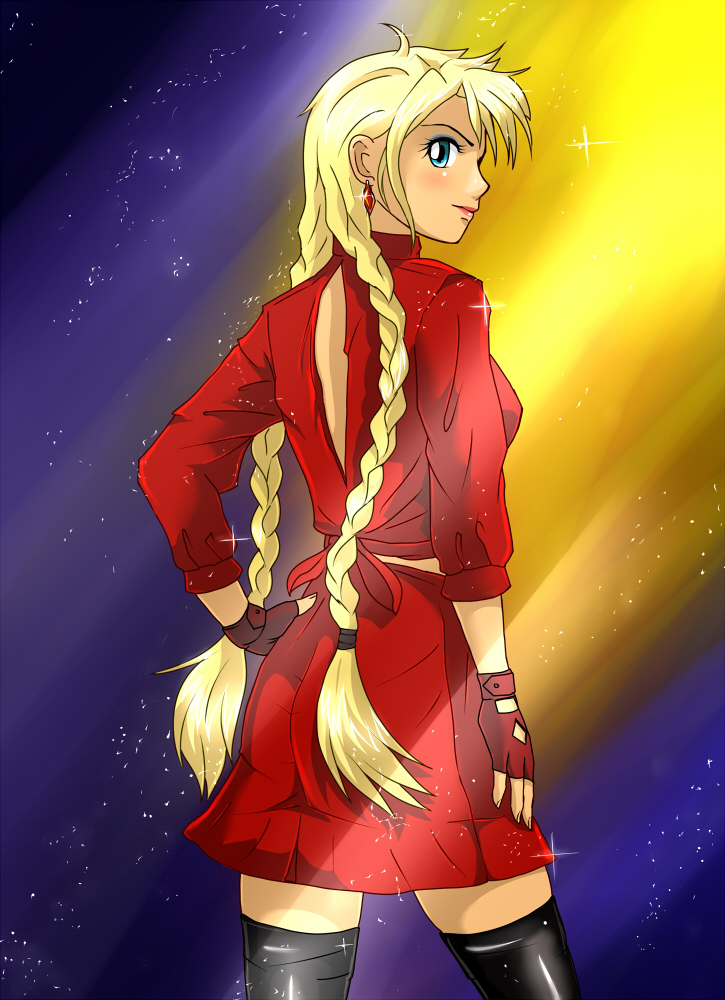1girl, 2ch.ru, artist_request, back, bangs, black_legwear, blonde_hair, blue_eyes, braid, earrings, eyeliner, fingerless_gloves, gloves, iichan.ru, jewelry, lipstick, long_hair, looking_back, makeup, russian, russian_memes, skirt, slavya-chan, slavya-tan, solo, sparkle, thigh-highs, twin_braids