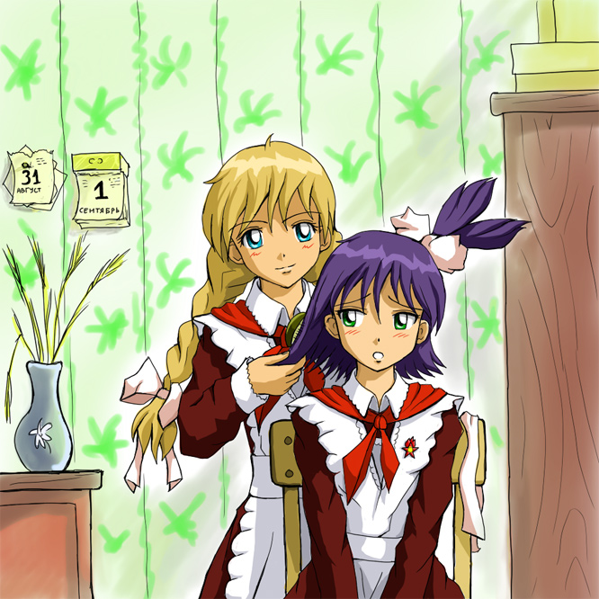 2ch.ru, 2girls, apron, badge, blonde_hair, blue_eyes, blush, bouquet