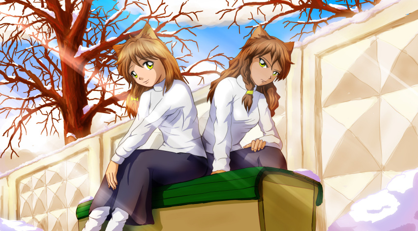 2ch.ru, 2girls, animal_ears, brown_hair, cat_ears, highres, huyase, iichan.ru