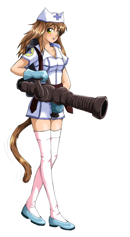 1girl, 2ch.ru, animal_ears, animal_hat, bangs, belt, blush, breasts, brown_hair, cat_ears, cat_hat, cat_tail, cleavage, dress, gloves, gun, hat, holding, iichan.ru, legs_crossed, long_hair, looking_at_viewer, mascot, medic, nurse, pink_legwear, ru-chans, shiny, shiny_hair, shoes, short_dress, simple_background, sitting, smile, solo, standing, tail, team_fortress_2, the_medic, thigh-highs, uvao-tan, weapon, yellow_eyes, zettai_ryouiki