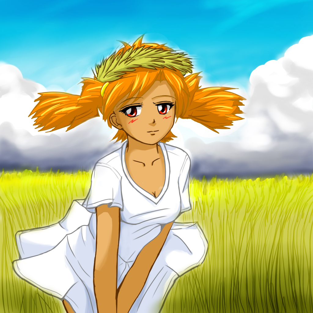 1girl, 2ch.ru, blush, breasts, cleavage, clouds, collarbone, dress