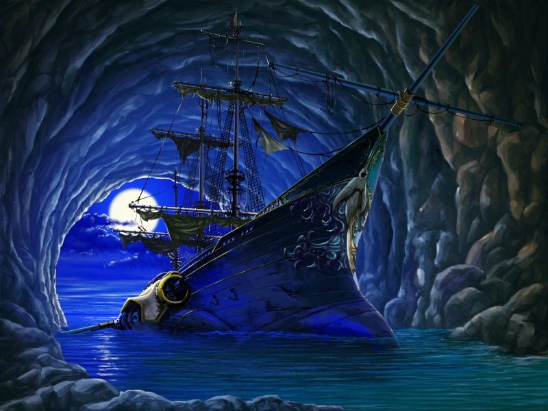 cave, game_cg, kuutei_senki, moon, no_humans, scenery, ship, sky