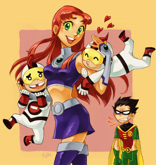 1girl, 3boys, :d, alien, angry, belt, breasts, brother, brothers, cape, cartoon_network, child, clenched_teeth, dc_comics, dick_grayson, domino_mask, gloves, goggles, green_eyes, heart, height_difference, jealous, looking_at_viewer, mas_(dc), mas_y_menos, mask, menos_(dc), midriff, missing_teeth, multiple_boys, navel, open_mouth, redhead, robin_(dc), round_teeth, sen_(pixiv111638), siblings, simple_background, skirt, smile, starfire, stomach, teen_titans, teeth, thigh-highs, twins, yellow_background