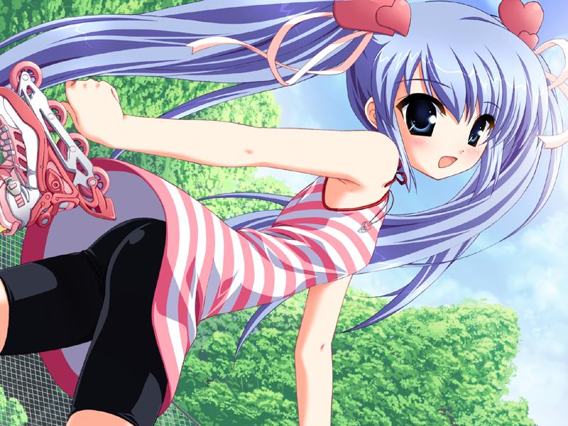 1girl, ass, bike_shorts, blue_eyes, blue_hair, chikami_futaba, festa!!_hyper_girls_pop, game_cg, hagiwara_onsen, inline_skates, long_hair, ribbon, roller_skates, shorts, skates, sky, solo, striped, twintails