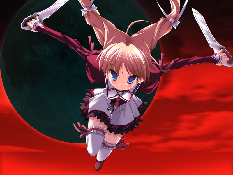 11eyes, 1girl, dual_wielding, hirohana_yukiko, hirohara_yukiko, moon, red_sky, school_uniform
