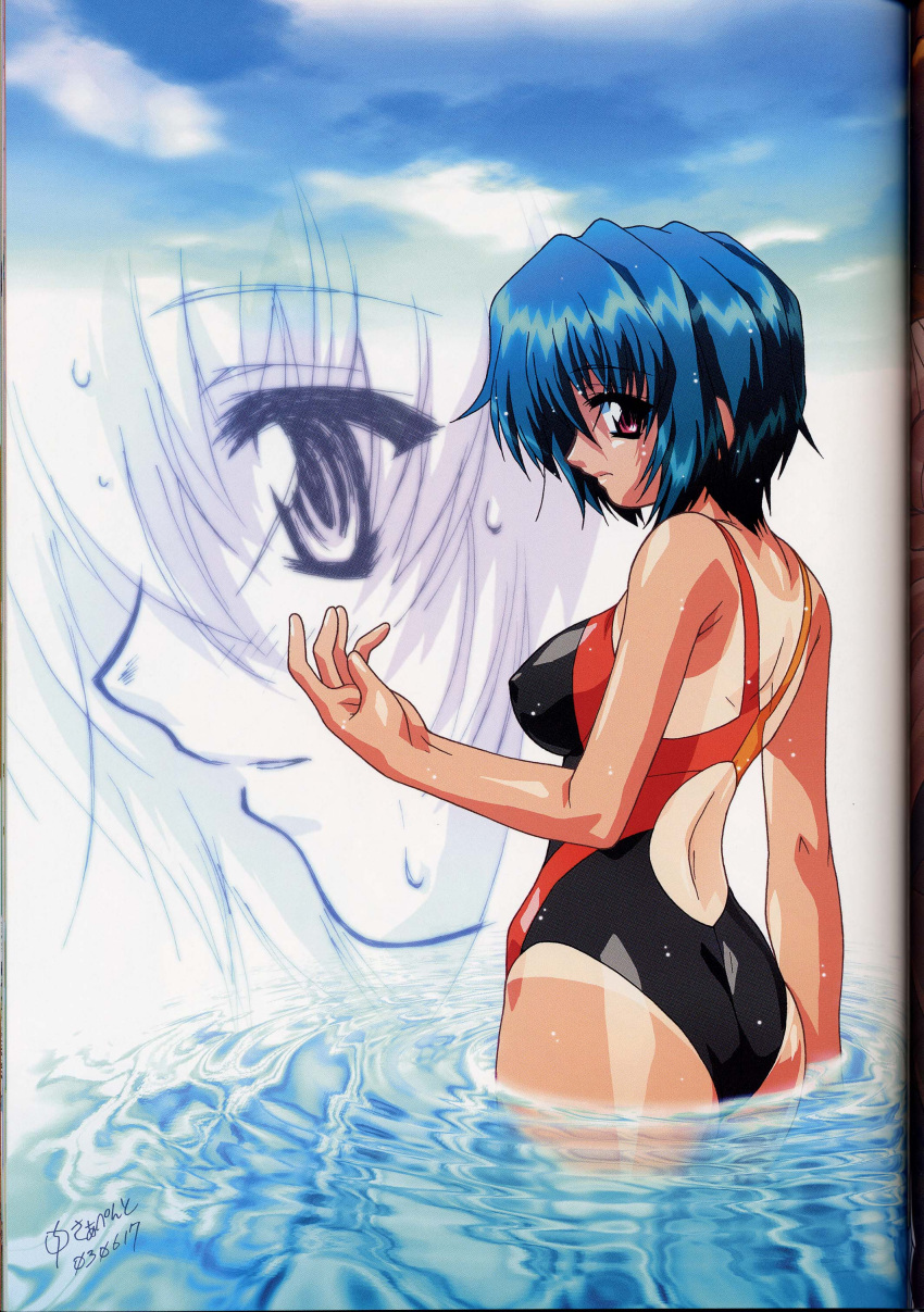 00s, 1girl, absurdres, ass, back, bangs, blue_hair, breasts