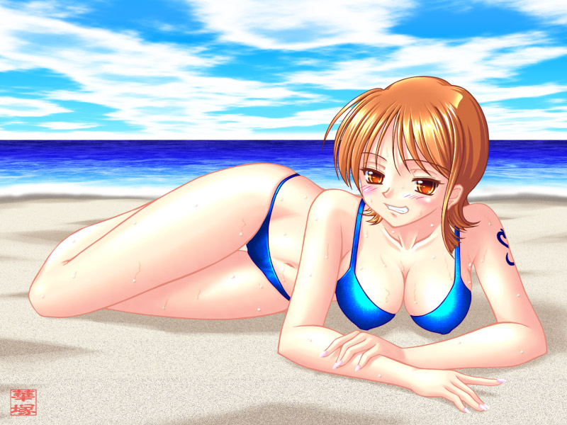 1girl, beach, bikini, blush, collarbone, dripping, female, grin