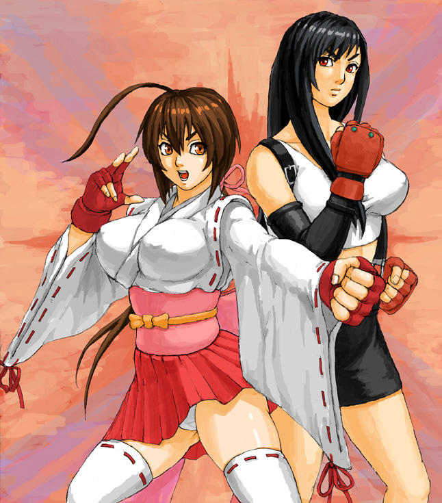 2girls, ahoge, bad_id, black_hair, breasts, brown_hair, crossover, erect_nipples