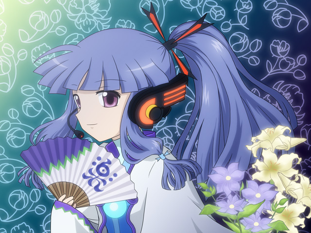 1girl, blue_hair, cosplay, fan, flower, furude_rika, headphones, higurashi_no_naku_koro_ni