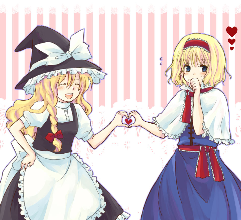 2girls, alice_margatroid, blonde_hair, female, hat, heart, heart_hands, heart_hands_duo