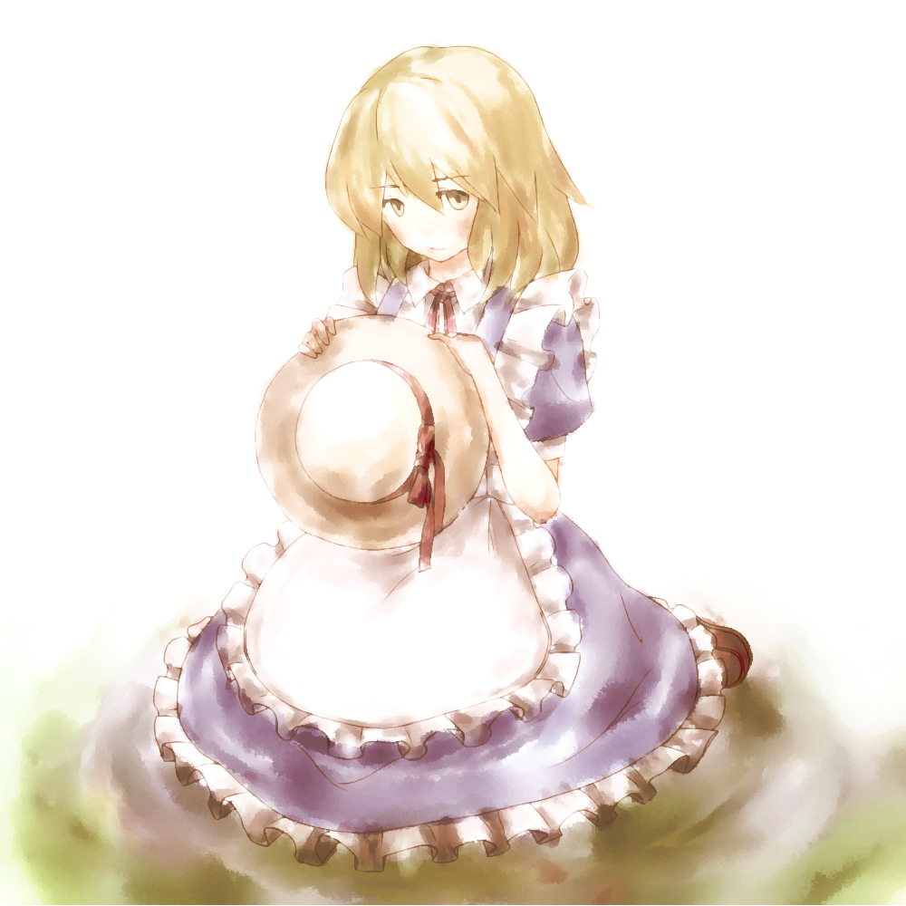 1girl, apron, blonde_hair, dress, female, hat, hat_removed, headwear_removed