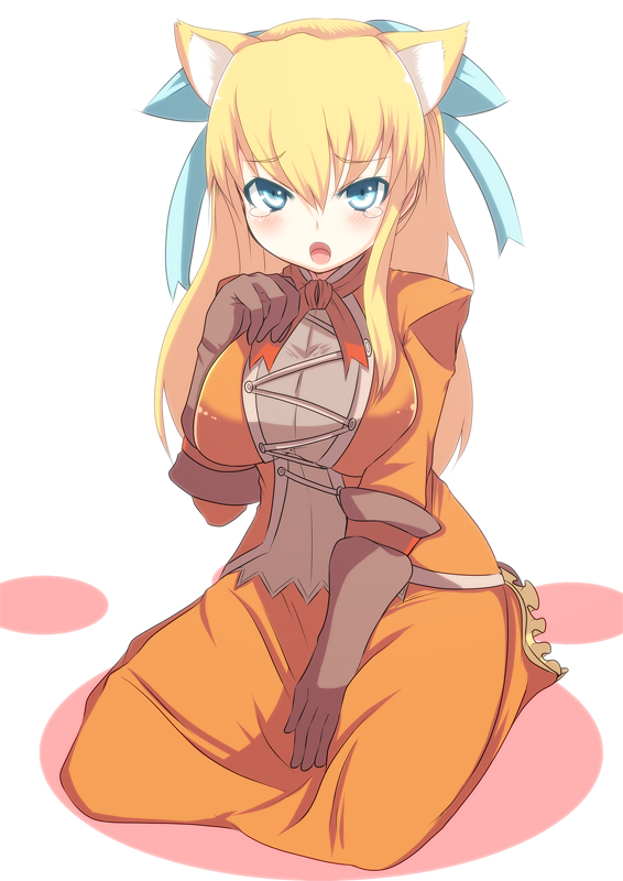 1girl, animal_ears, bad_id, blonde_hair, blue_eyes, breast_squeeze, breasts, cat_ears, dress, gloves, johnny_funamushi, kemonomimi_mode, kneeling, large_breasts, long_hair, maya_schrodinger, open_mouth, orange_dress, solo, white_background, wild_arms, wild_arms_3