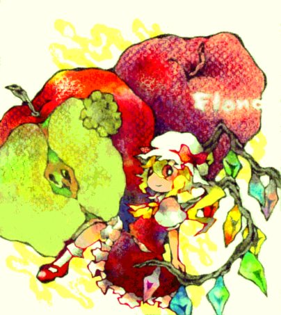 1girl, apple, bad_id, blonde_hair, flandre_scarlet, food, fruit, kameko