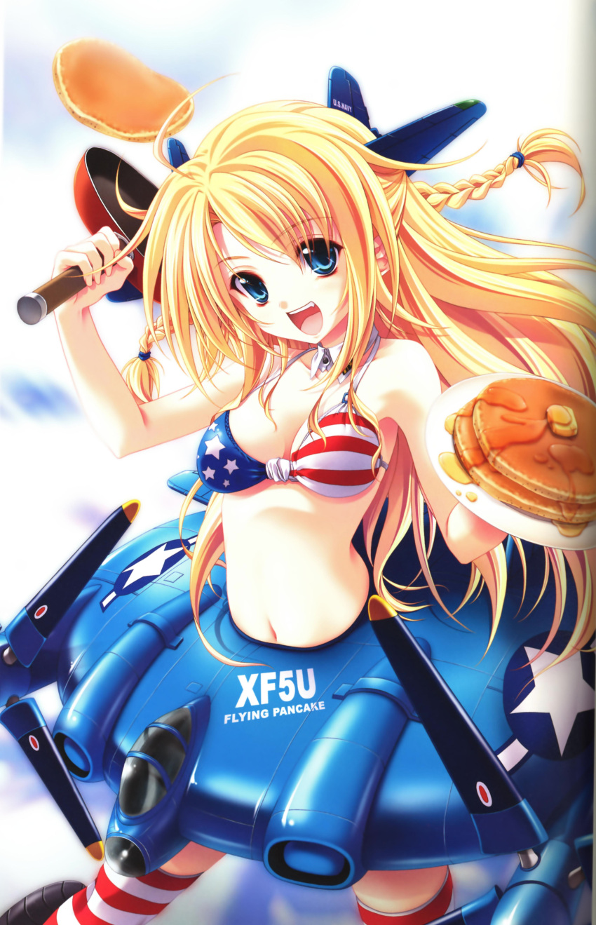 1girl, absurdres, airplane, america, american_flag_bikini, bikini, blonde_hair, blue_eyes, braid, flag_print, food, highres, long_hair, mc_axis, mecha_musume, military, miyama-zero, pancake, solo, striped, striped_legwear, swimsuit, thigh-highs, twin_braids, vought_xf5u