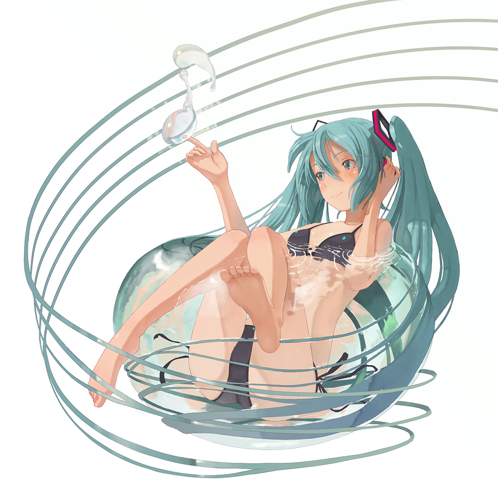 1girl, aqua_hair, barefoot, bikini, black_bikini_top, blush, feet, female, full_body, hand_on_headphones, hands, hatsune_miku, headphones, legs, long_hair, mars_(artist), shizuma_yoshinori, side-tie_bikini, soles, solo, swimsuit, twintails, very_long_hair, vocaloid, water