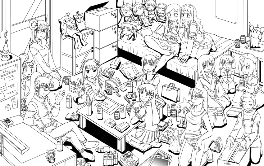 00s, 2k-tan, 6+girls, ahoge, annotation_request, azumanga_daioh, bag, barefoot, bed, book, bottle, bowl, box, can, cardboard_box, chair, character_request, chibi, child, choia, chopsticks, crossover, desk, drink, eureka, eureka_seven, eureka_seven_(series), everyone, figure, food, futaba_channel, genshiken, glasses, goboten, google, google-tan, handbag, hidoi, highres, homeko, inu-t, kakkii, kneeling, kuga_natsuki, legs_crossed, lineart, long_hair, maid, medoi, minigirl, mizuhara_koyomi, modoi, monochrome, mujin_wakusei_survive, multiple_girls, musu, my-hime, my-otome, nijiura_maids, nt-tan, oono_kanako, os-tan, party, pillow, ponytail, reading, sharla, shimonkin, shopping_bag, short_hair, sitting, skirt, socks, suigetsu, suzushiro_haruka, table, tank_top, track_jacket, waha, xp-tan, xp_home-tan, xphome, yamato_suzuran