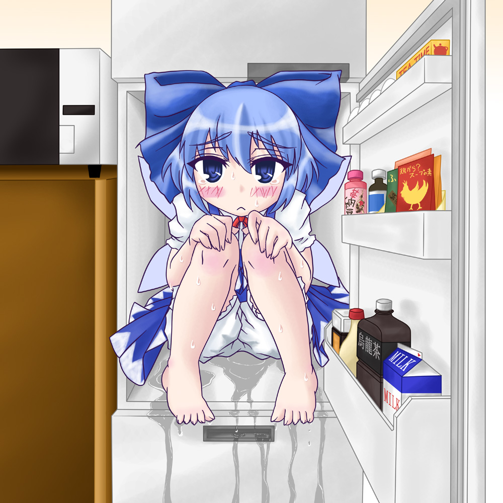 barefoot, bloomers, blue_eyes, blue_hair, blush, cirno, feet, female