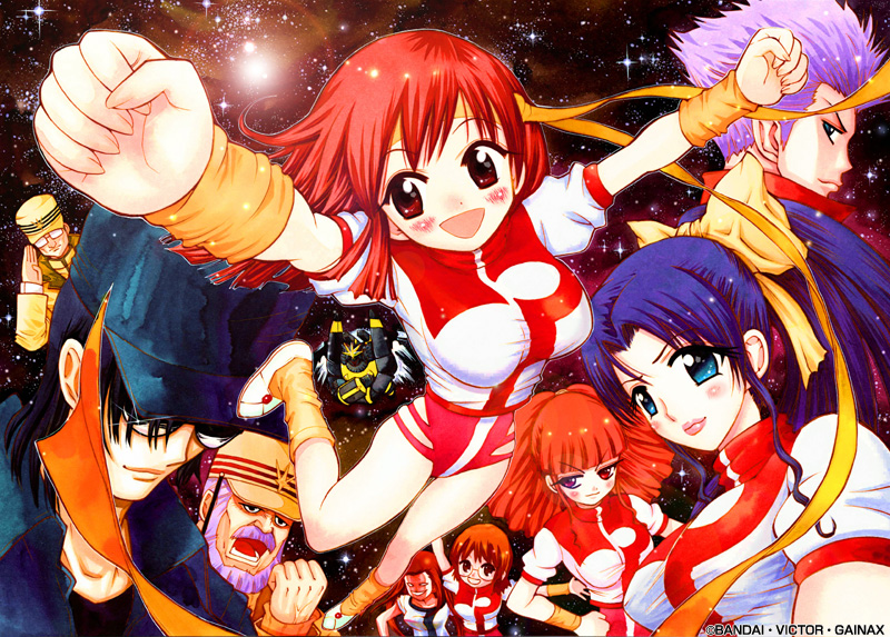 4boys, 5girls, amano_kazumi, blue_eyes, blue_hair, bodysuit, bow, breasts