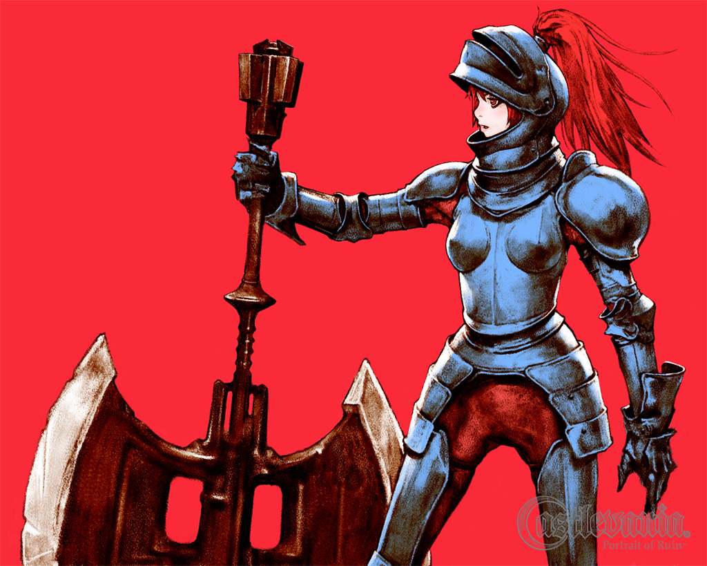 1girl, armor, axe, castlevania, castlevania:_portrait_of_ruin, double_bladed_axe, double_headed_battle_axe, genderswap