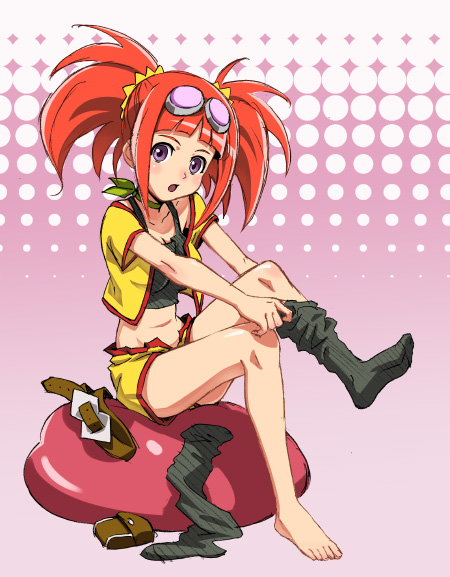 1girl, barefoot, blush, climax_entertainment, dinosaur_king, dressing, feet, footwear, fukukitaru, hands, legs, open_mouth, redhead, sega, socks, soles, solo, tatsuno_malm, toes, violet_eyes