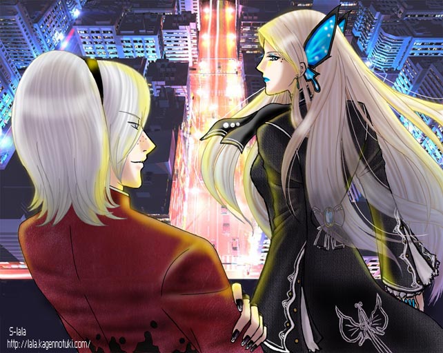 1boy, 1girl, androgynous, ash_crimson, butterfly_hair_ornament, crossdressinging, earrings, hair_ornament