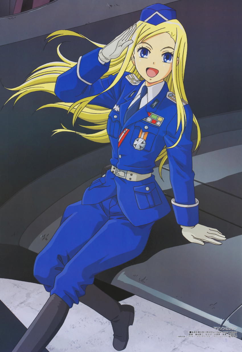 1girl, absurdres, aircraft, airplane, allison_&amp;_lillia, allison_whittington, arm_up, badge
