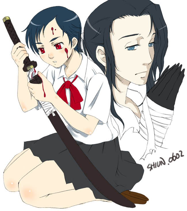 1boy, 1girl, bandage, black_hair, blood, blood+, blush, couple