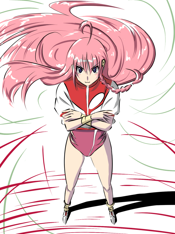 1girl, :3, bad_id, cosplay, crossed_arms, gunbuster_pose, nono_(top_wo_nerae_2!), randamu_no_tagu_ni_ton_dari_suru_hito