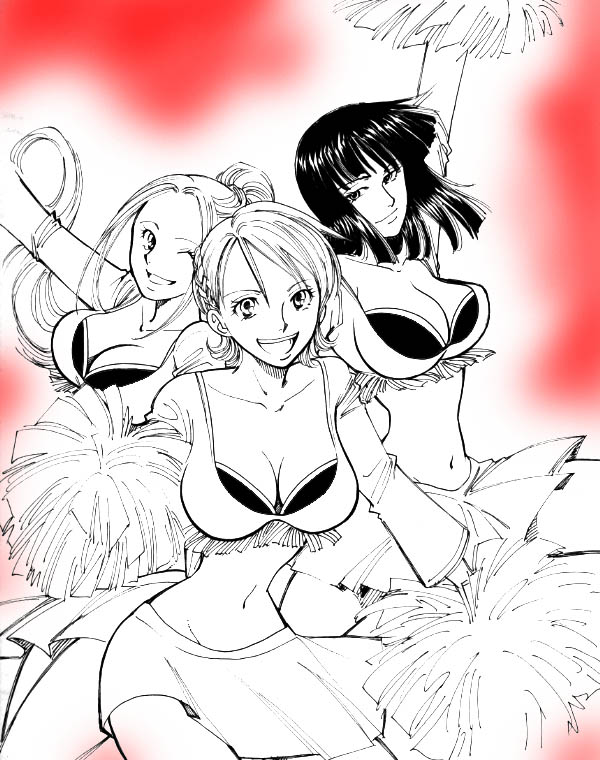 3girls, alternate_costume, breasts, chabudai, cheerleader, cleavage, cosplay, female