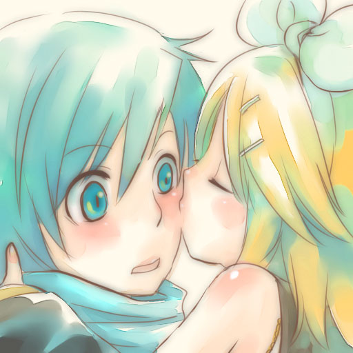 blush, closed_eyes, kagamine_rin, kaito, kiss, suzushiro_haru, vocaloid