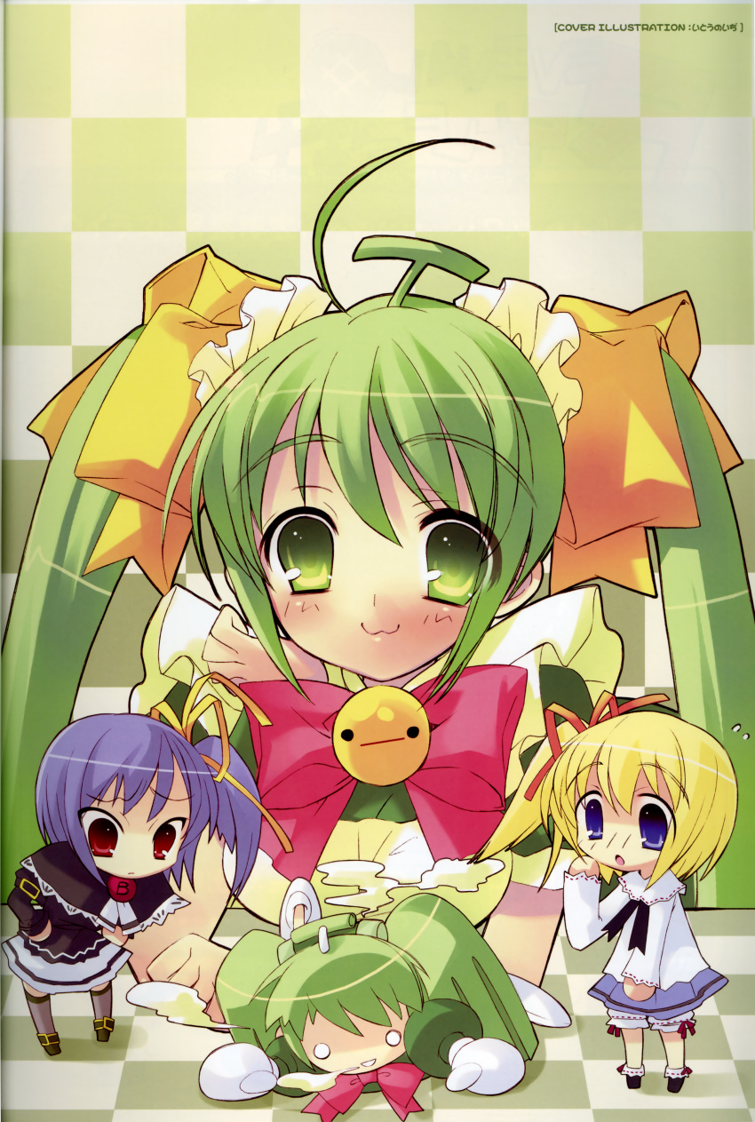 3girls, absurdres, bell, black_lemon-chan, bow, chibi, green_eyes, green_hair