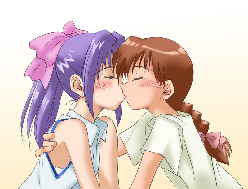 00s, 2girls, blush, bow, braid, brown_hair, closed_eyes, couple