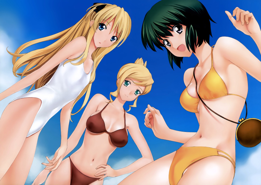 3girls, absurdres, bag, between_breasts, bikini, blonde_hair, blue_eyes, breasts, cleavage, dutch_angle, elisa, flat_chest, green_eyes, green_hair, grey_eyes, hair_ribbon, hair_up, hand_on_hip, handbag, highres, hips, long_hair, medium_breasts, multiple_girls, one-piece_swimsuit, quiz_magic_academy, ribbon, riel, shalon, short_hair, sky, small_breasts, smile, swimsuit