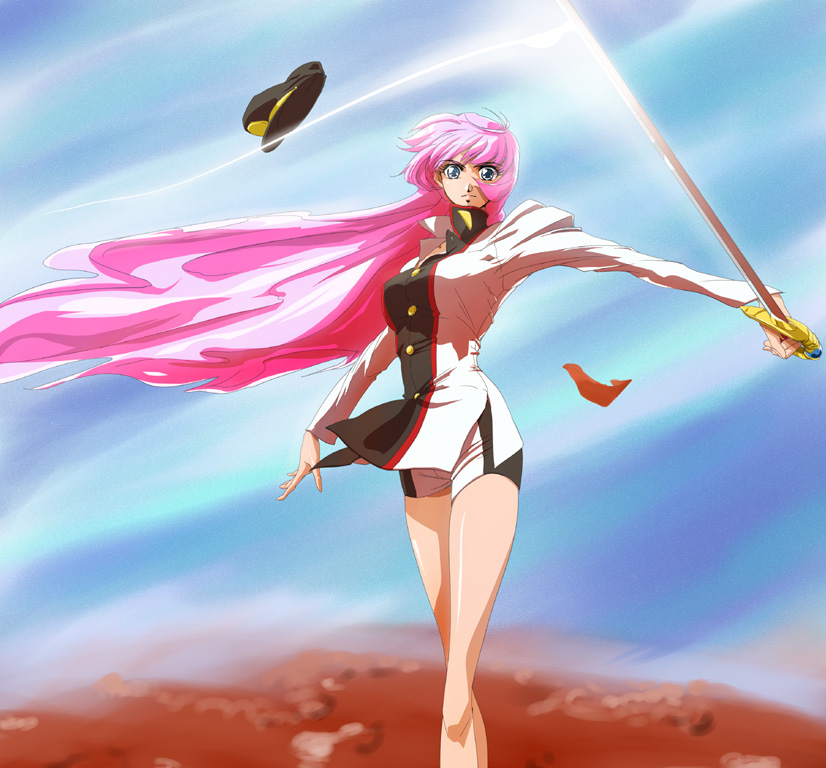 1girl, 90s, bike_shorts, f_(pixiv), flower, hat, long_hair, pink_hair