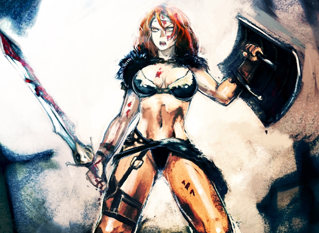 1girl, amazon, armor, bad_id, barbarian, barbarian_(diablo_3), belt, bikini_armor