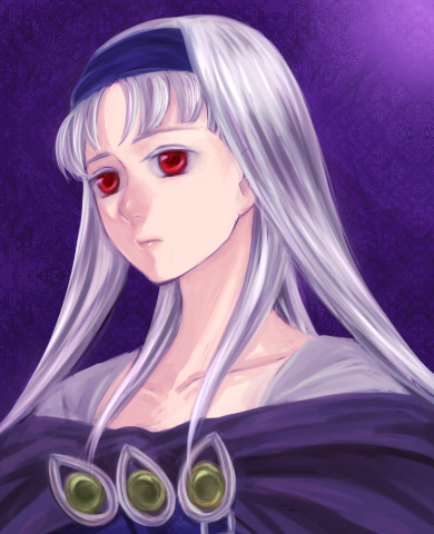 1girl, bad_id, cape, female, gensou_suikoden, gensou_suikoden_ii, hairband, headband, lowres, milk1110, parted_bangs, portrait, red_eyes, sierra_mikain, silver_hair, solo, suikoden, suikoden_ii, vampire