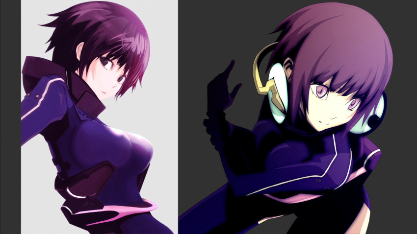 bodysuit, purple_hair, sakurako_sanjo, senkou_no_ronde, short_hair, sogabe_shuuji, takayama_mizuki, violet_eyes