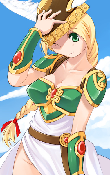 1girl, armor, armored_dress, blonde_hair, bow, braid, breasts, cleavage, green_eyes, hair_bow, helmet, hoshikuzu_junction, katatsuka_kouji, large_breasts, long_hair, one_eye_closed, single_braid, valkyrie, valkyrie_(vnd), valkyrie_no_densetsu, winged_helmet, wink