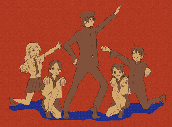 2boys, 3girls, footwear, fuura_kafuka, hare_hare_yukai, hat, itoshiki_nozomu, kimidori_(mb4)