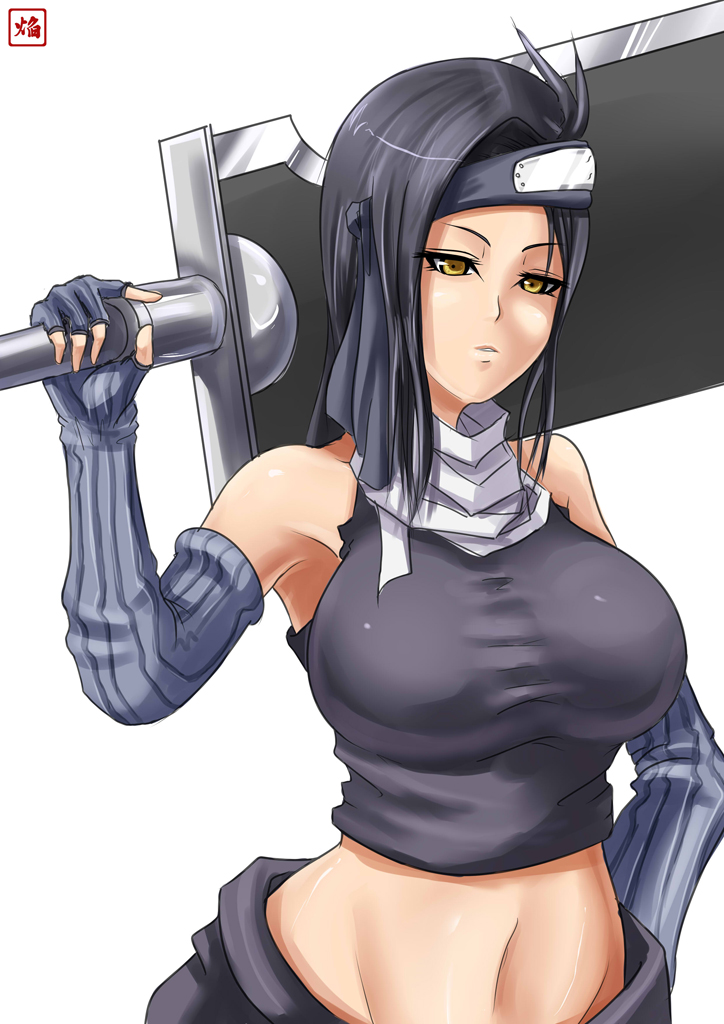 1girl, bad_id, black_hair, breasts, detached_sleeves, forehead_protector, genderswap, homura_(haku89), huge_weapon, kubikirihouchou, large_breasts, midriff, momochi_zabuza, naruto, over_shoulder, solo, sword, sword_over_shoulder, weapon, weapon_over_shoulder, yellow_eyes