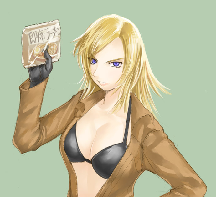 1girl, blonde_hair, blue_eyes, bra, breasts, eva_(mgs), food, gloves