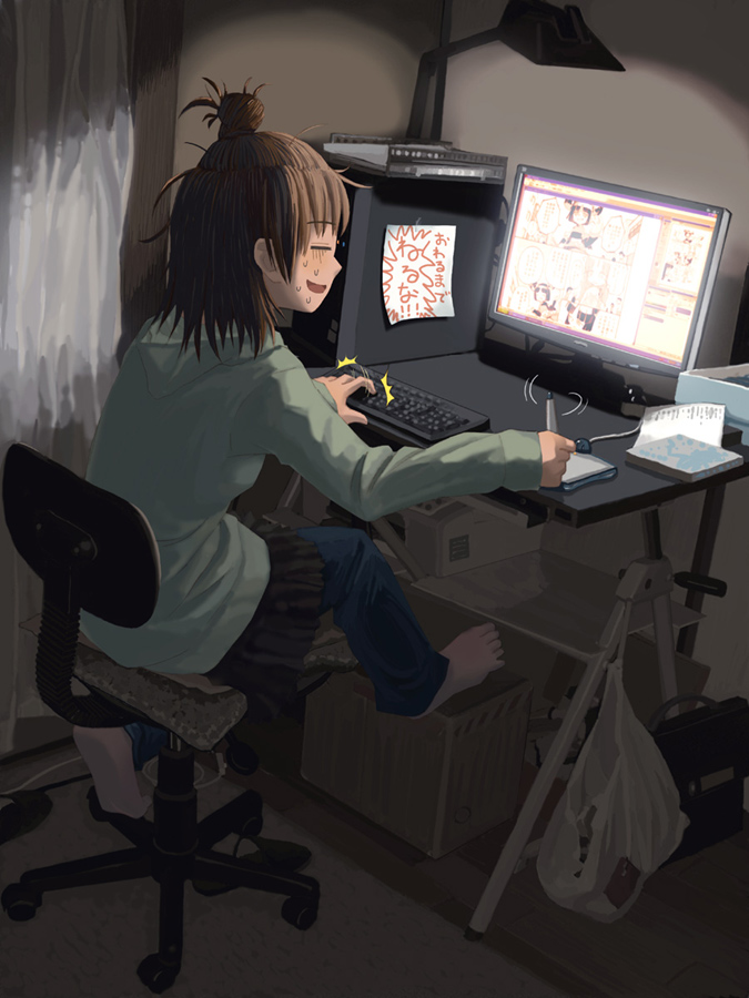 1girl, barefoot, bedroom, chair, computer, computer_keyboard, drawing, feet, fujoshi, ikagawa, indoors, keyboard, monitor, night, pants, quzilax, sitting, skirt, solo, sweat, sweatdrop, tablet, translated, wacom