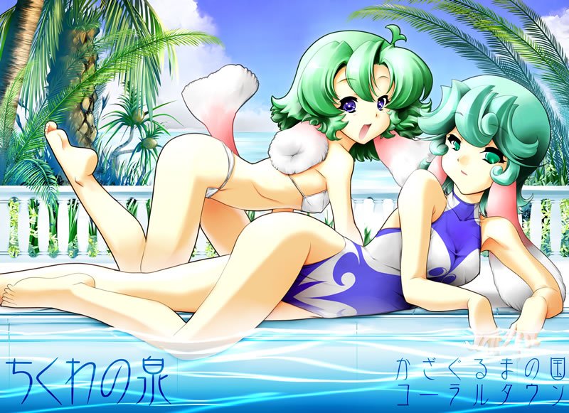2girls, ahoge, all_fours, animal_ears, barefoot, bikini, clouds, daughter