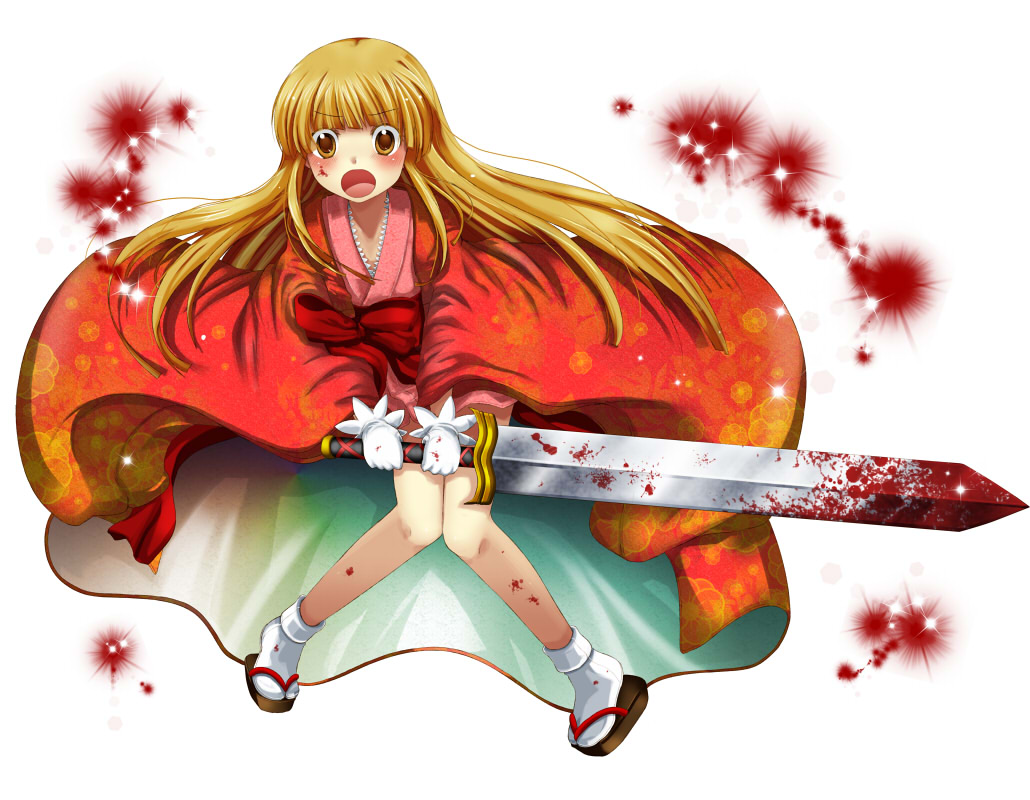 1girl, blonde_hair, blood, brown_eyes, japanese_clothes, kimono, long_hair, miyano_ururu